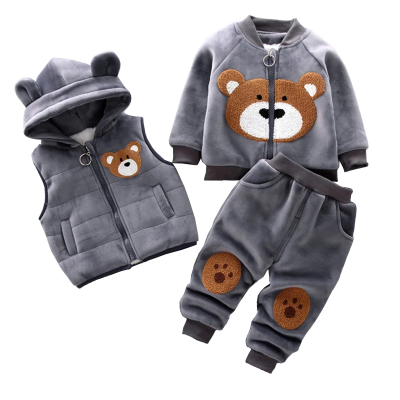 Autumn Winter Children Clothing Set Baby Girls Cartoon Thick Fleece Hoodies Vest Pants 3pcs Sports Suits Boy Casual Warm Outfits