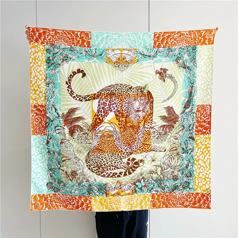 Luxury Brand Silk Scarf Hand Rolled Shawls 90cm Designer Square Bandannas 100% Natural Silk Mulberry Scarves Lion Print