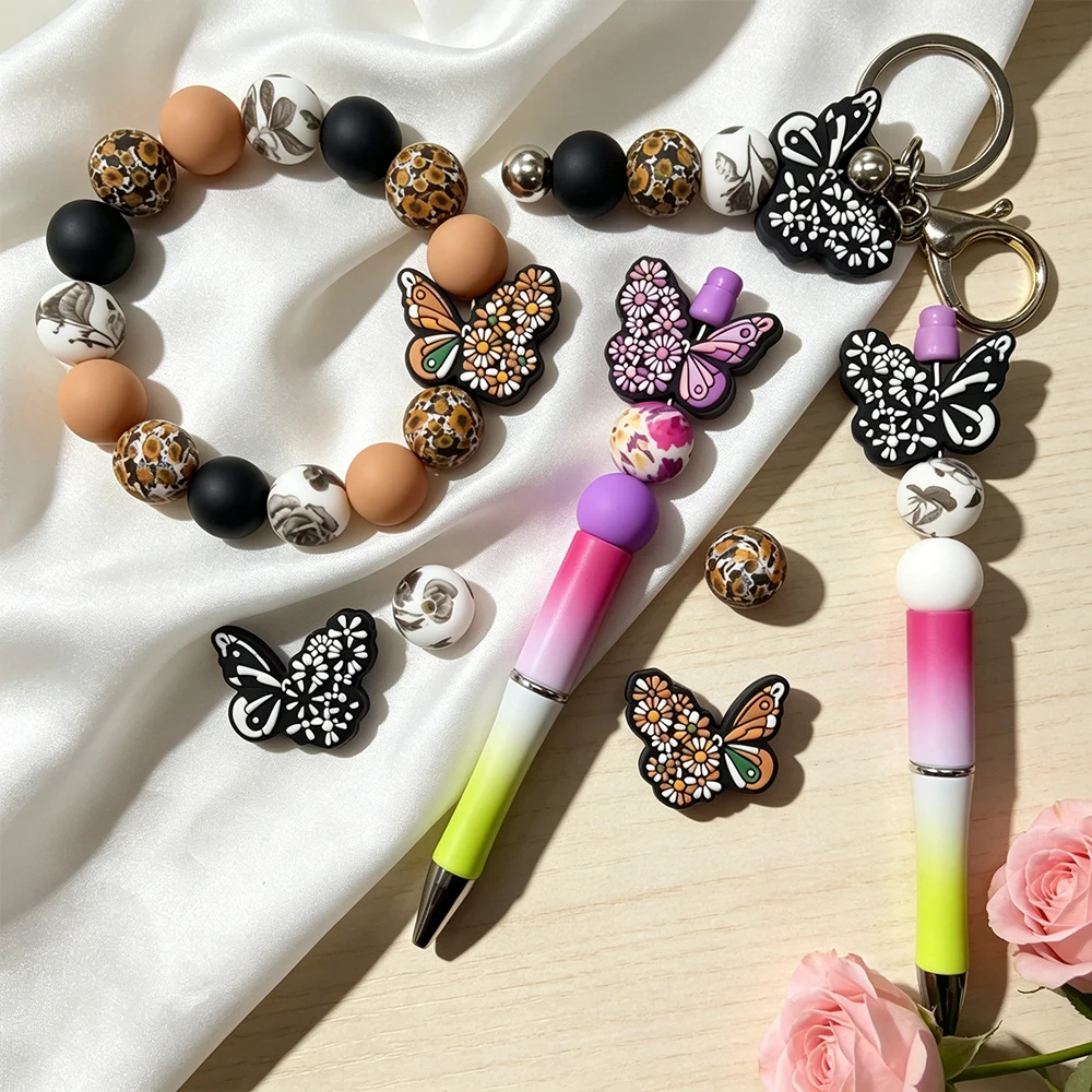 33/34/58-teiliges Set mit Silikonperlen in Form von Blumen und Schmetterlingen, zum Basteln von Halsketten, Armbändern, zur Dekoration von Stiften, Schmuckanhängern usw. Geburtstagsgeschenk für die Feiertage – Detail 6