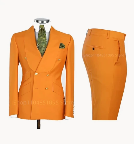Imagen 2 del producto Trajes informales inteligentes lisos para hombre, esmoquin Formal para novio, chal con solapa, chaqueta de doble botonadura, pantalones, conjunto de trajes de negocios/boda, 2 uds.