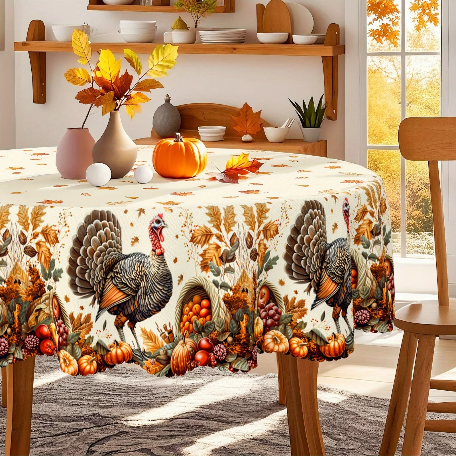 Happy Thanksgiving tablecloth, featuring turkey, maple leaves, pumpkin and fruit harvest design, perfect for autumn.kdj