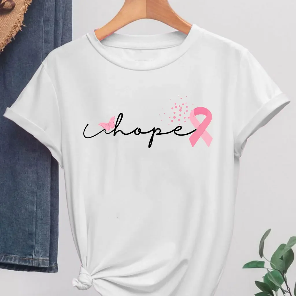 Cancer Ribbon Pink October Hope Women's T-Shirt Cancer Awareness Tee Short Sleeve Women Help Women with Breast Cancer Clothing