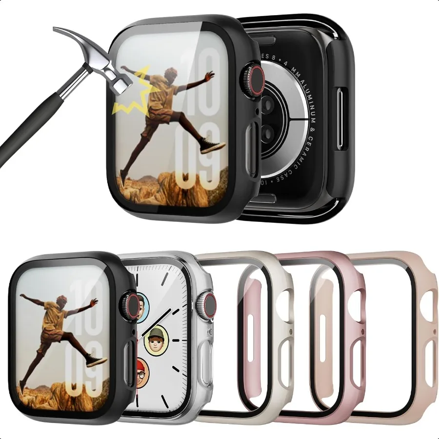 5 عبوات لساعة Apple Series 9 8 7 مع واقي شاشة 45 ملم من البولي كربونات الصلب وغطاء حماية رفيع للغاية مع درجة حرارة مدمجة