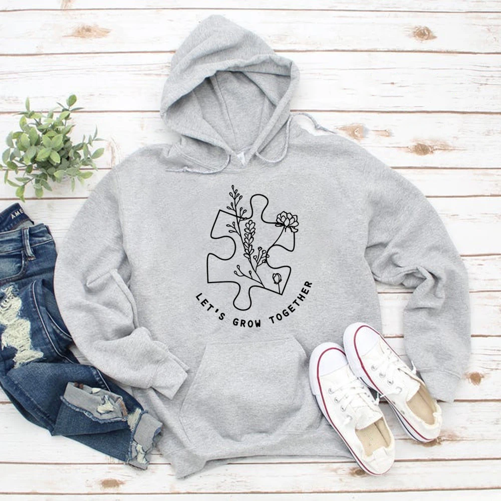 Autism Hoodie Let's Grow Together Autism Awareness Sweatshirt Hoodies ASD and SPD Apparels Puzzle Piece Print