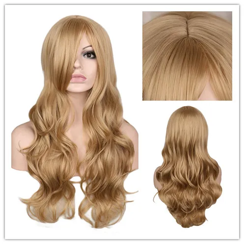 

Blonde Long Wavy Wigs Blonde with Bangs for Women Gold Blonde Synthetic Wig Party Cosplay Costume