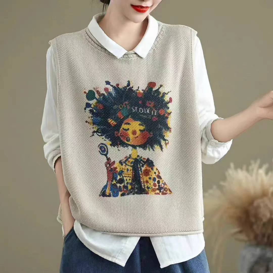 

Autumn New Sle ort Knitted Cotton Yarn Vest Casual round Ne Loose Fit Women's Faionable oulder Pad Insert Sweater
