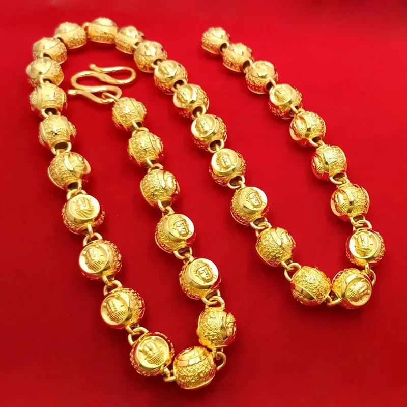 9999 gold 15mm thick three-dimensional relief auspicious and peaceful Buddha bead necklace for men, new style