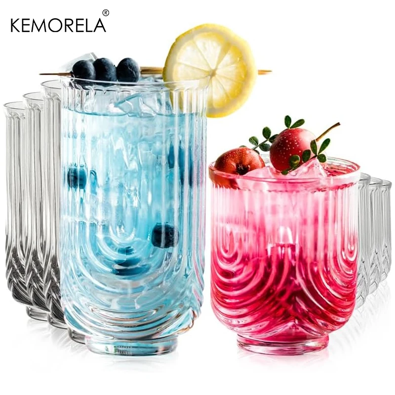 

8 Pieces 14/12OZ Art Deco Cocktail Glass Highball Ribbed Glass Drinking Glass Set Unique Glassware Beverage Iced Coffee Cup Set