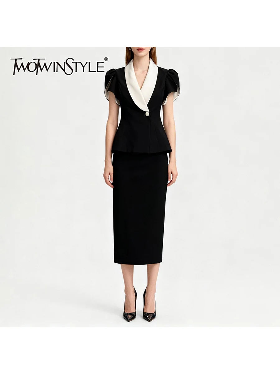 

TWOTWINSTYL Hit Color Slimming Two Piece Sets for Women Lapel Short Sleeves Tunic Top High Waist Skirt Elegant Set Female New