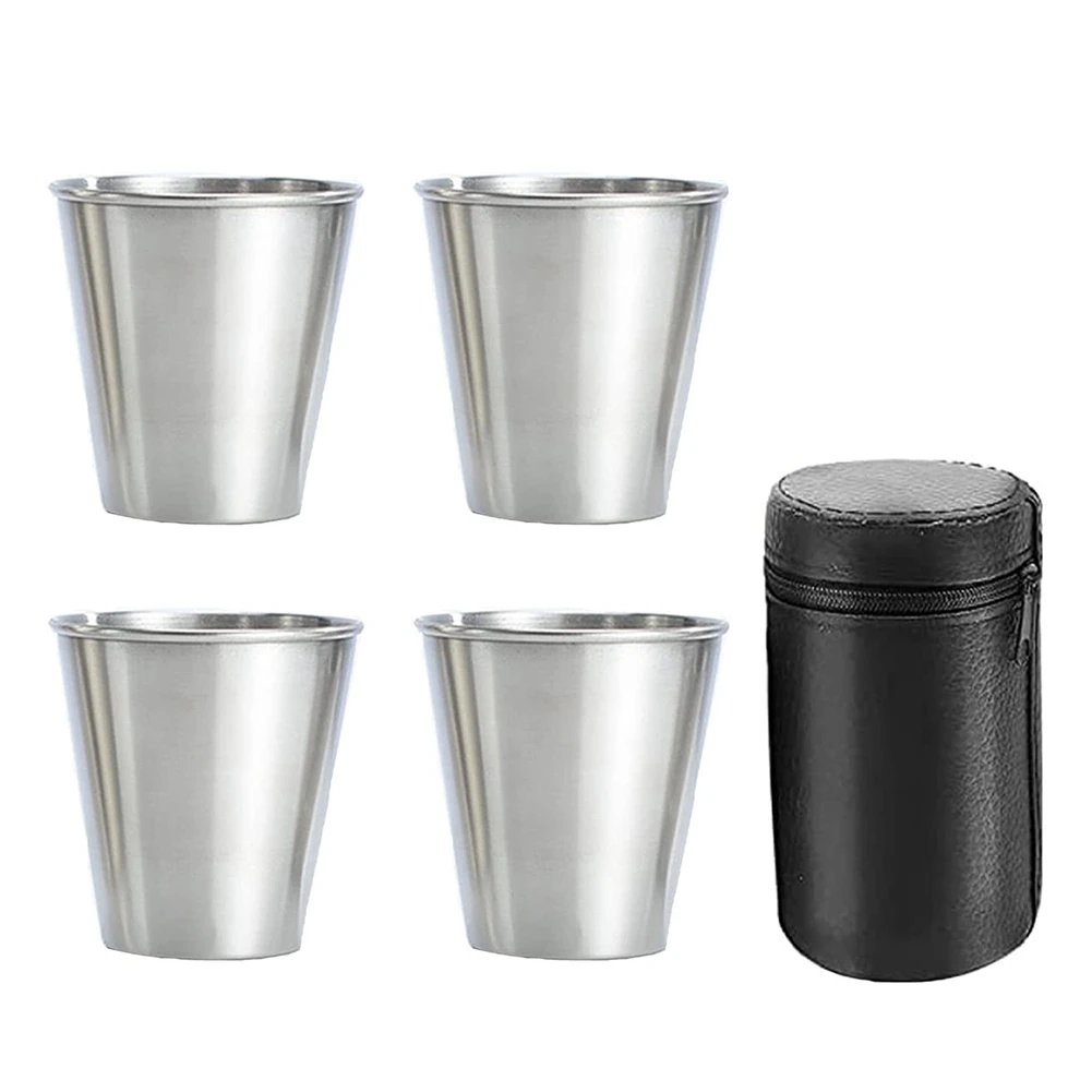 Stainless Steel Shot Cups Set of 4 Cups Metal Shot Glasses Stackable Hip Flask Small with Leather Bag for Outdoor