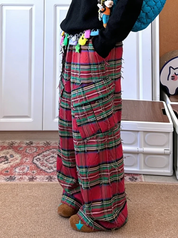 PBAP déchiré Plaid Cargo pantalon femmes bord brut bloc de couleur taille haute droite jambe large Baggy pantalon décontracté noël Vintage Streetwear