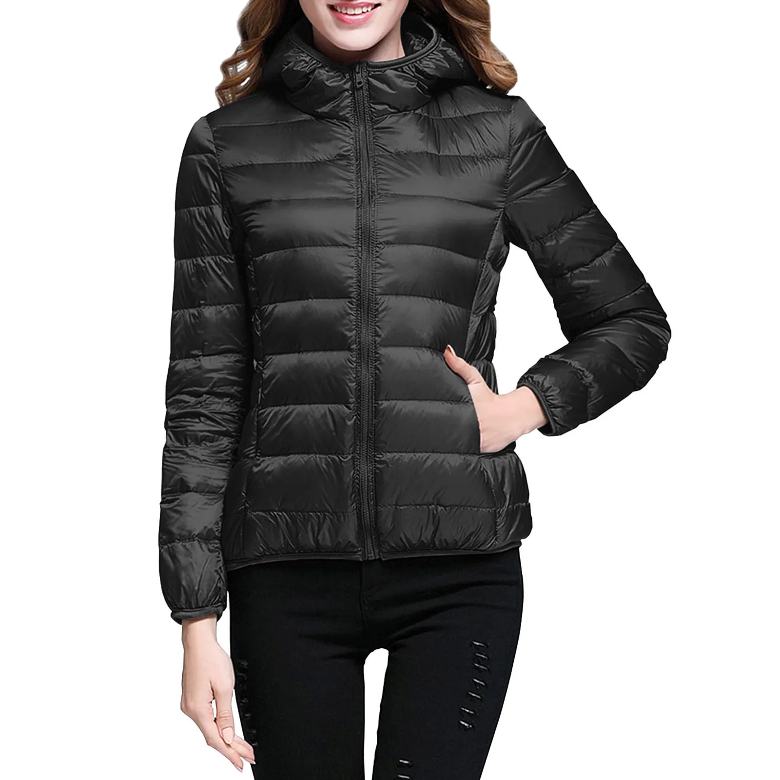 Chaqueta impermeable de manga larga con cremallera para mujer, Parkas ligeras cálidas, abrigos con bolsillos, invierno, 2024