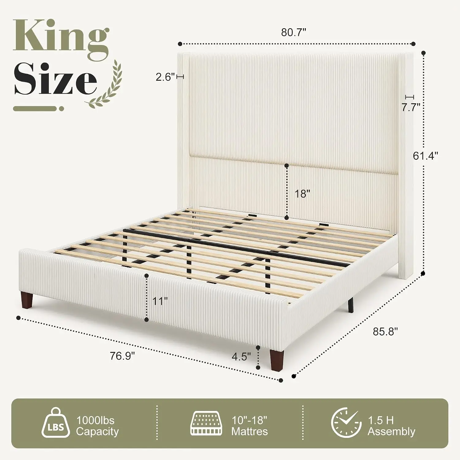 Upholstered King Bed Frame 61" Tall Wingback Headboard Platform, Customized