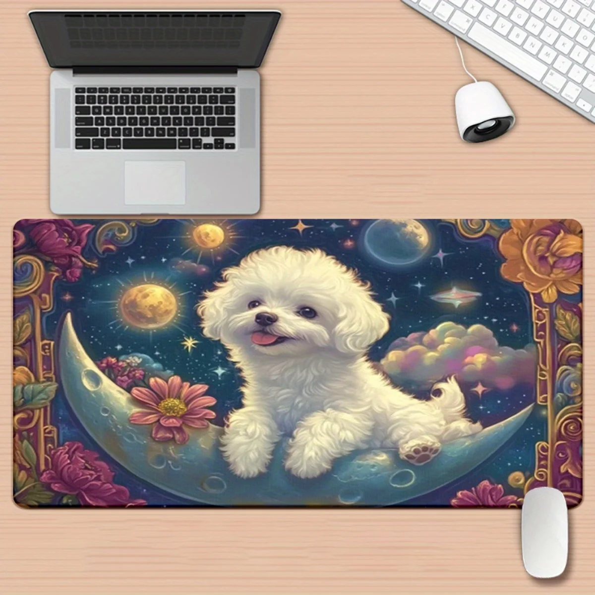 

Коврик для стола с причудливым щенком на Луне, небесный коврик для мыши, прочный резиновый игровой аксессуар