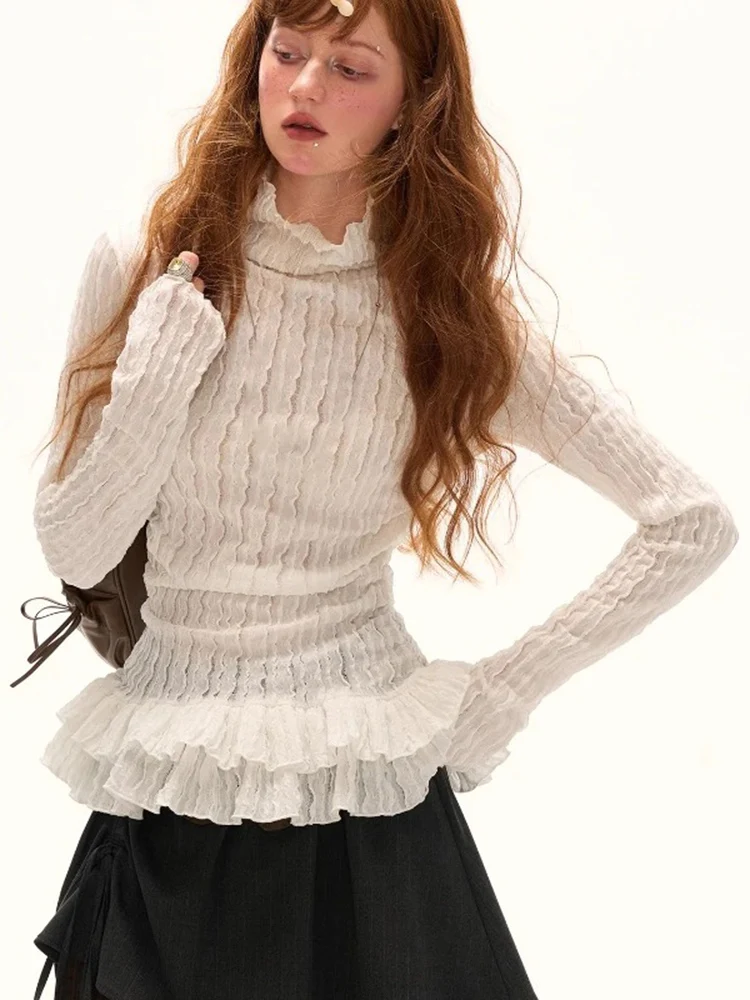 

Autumn Y2k Aesthetics Fairy T-shirts Women Harajuku Ruffles Patchwork Long Sleeve Tops Female Streetwear Casual Solid Sweet Tees