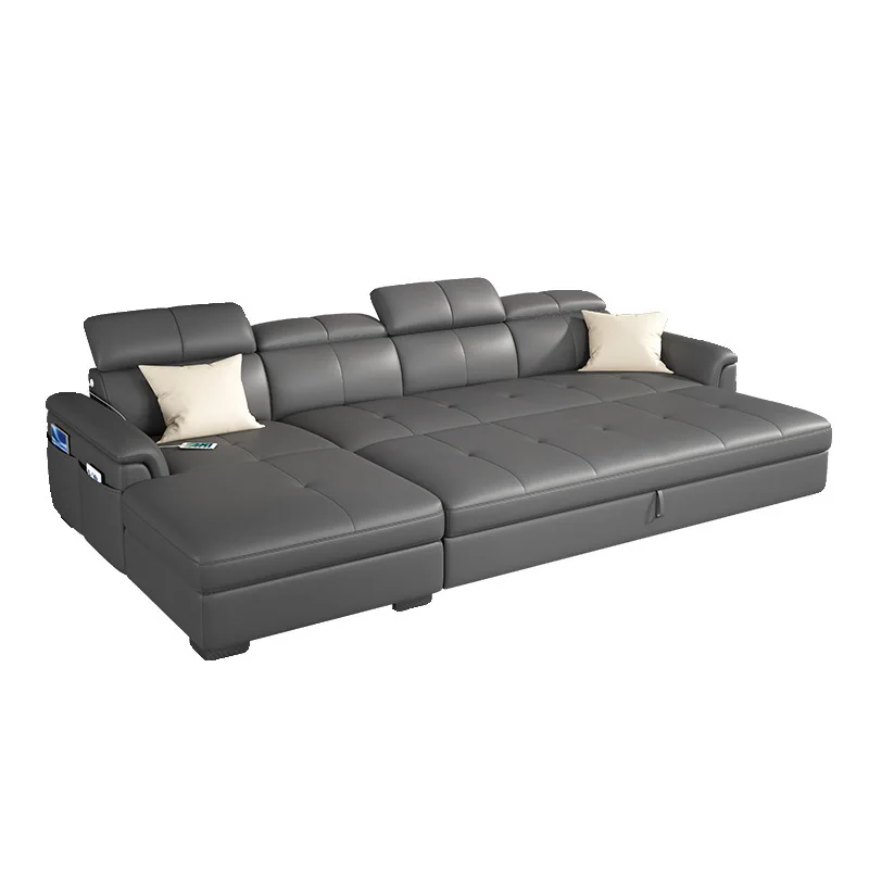 2023 New Italian Elephant Ears Electric Function Leather Sofa Bed Modern Simple Living Room Retractable Dual-use