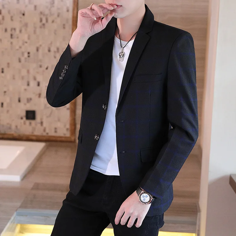 4-B29  Spring and Autumn Men\'s Suit Korean-style Plaid Young Best Man Casual Suit Men\'s National Fashion Jacket Single-piece Top