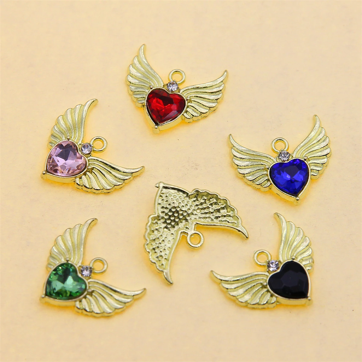 6Pcs Cute Sweet Bling Heart Charms Cute Wings Crystal Pendant for Making DIY Earrings Necklaces Bracelet Jewelry Findings