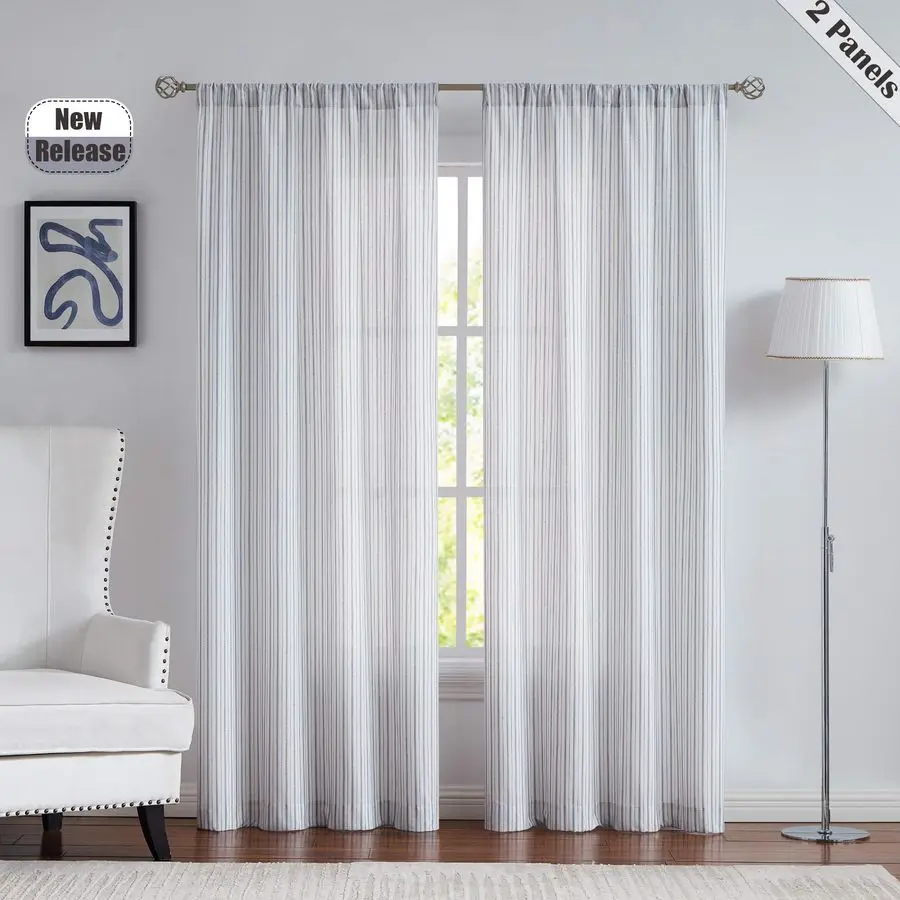 

Blue and White Pinstripe Linen Textured Sheer Curtains, 95 Inches Long Farmhouse Stripe Curtain Panels for Living Room, Bedroom,