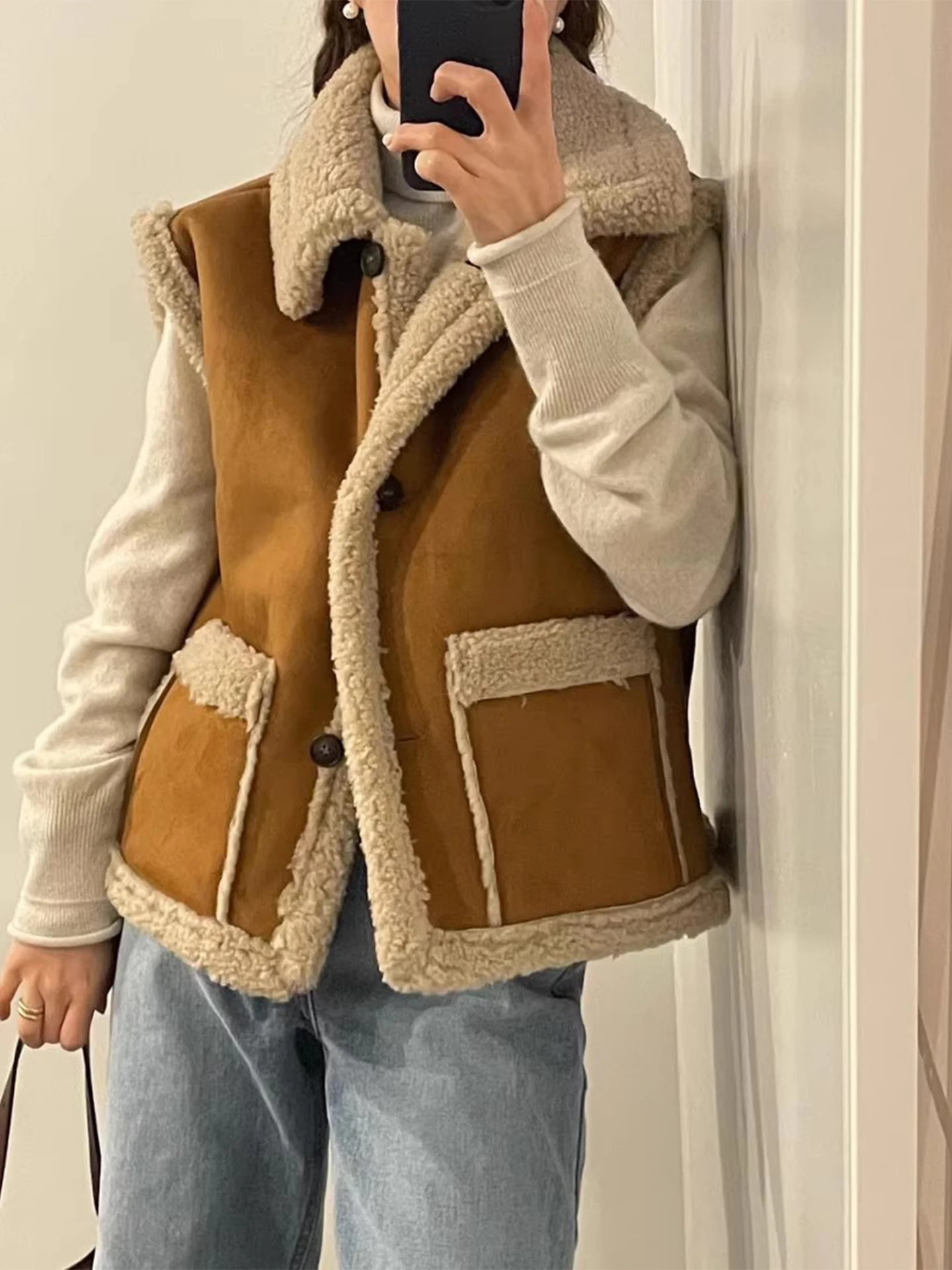 

Замшевый жилет из меха ягненка, женский кожаный меховой жилет Svel Double ket, джат для поездок на работу, стандартная длина