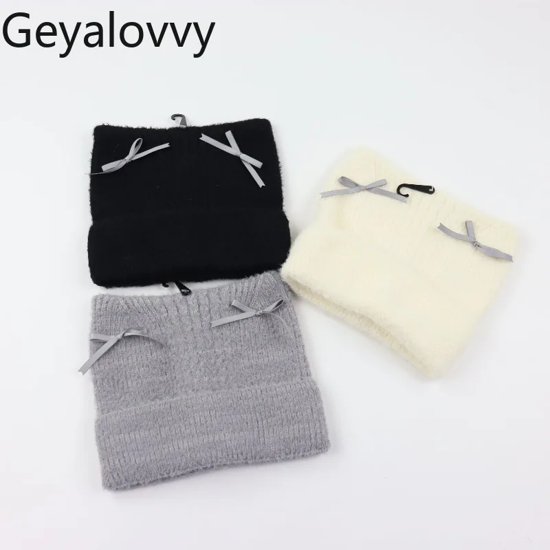 

Шапка с кошачьими ушками и бантом, универсальные однотонные вязаные шапки в японском стиле, милые милые шапки для девочек на осень-зиму, новые пуловеры