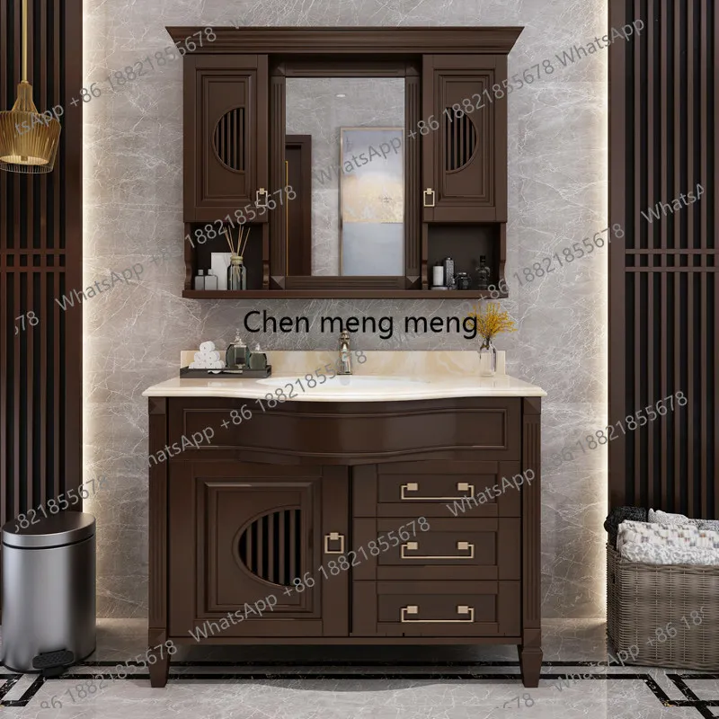 

New Chinese bathroom cabinet combination overall solid wood floor-to-ceiling bathroom cabinet washbasin