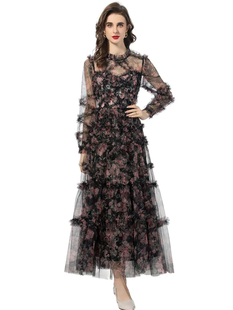 

Women's Runway Long Dress, Ruffles Patchwork, Mesh Printing, Party, Holiday, Expansion, Elegant Fashion