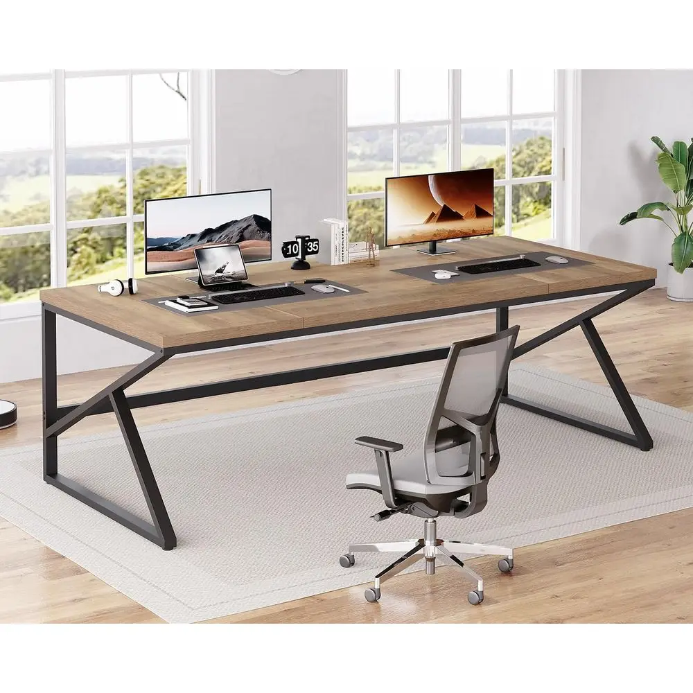 

Spacious Rustic Dual Computer Desk, 78 Long Wood & Metal, for Home Office, Study, Gaming, Fits 2 Monitors
