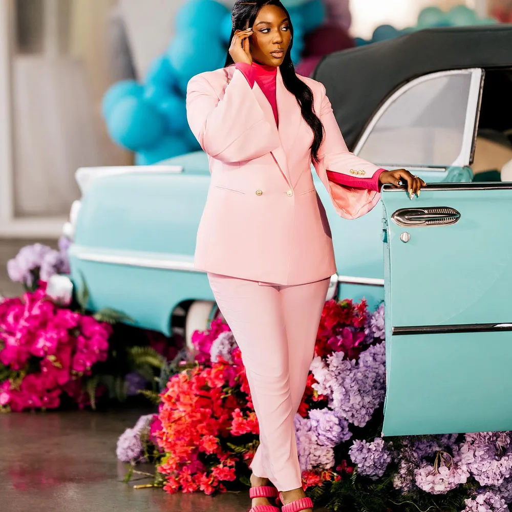 

Yimi Women's Suit 2 Pieces Peaked Lapel Double Breasted Pink Elegant Prom Slim Set Evening Party Jacket Formal Blazer Customized