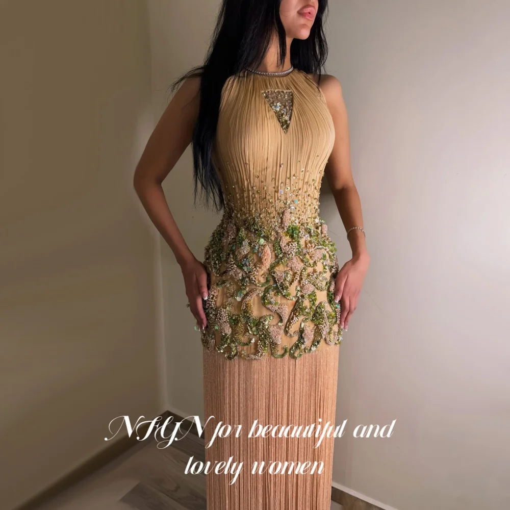 NFYN Champagne Sheath Prom Dress Halter Rhinestone Beaded Evening Gown 3D Floral Long Fringe Luxury Full Party Dress Customized 3