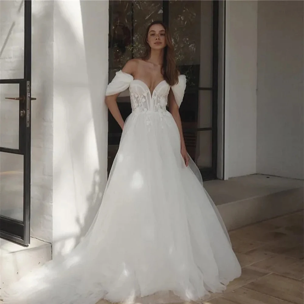 

Beautiful Fascinating Wedding Dresses Off The Shoulder Elegant Sexy Lace Appliques A-Line Sweetheart Fluffy Mopping Bridal Gown