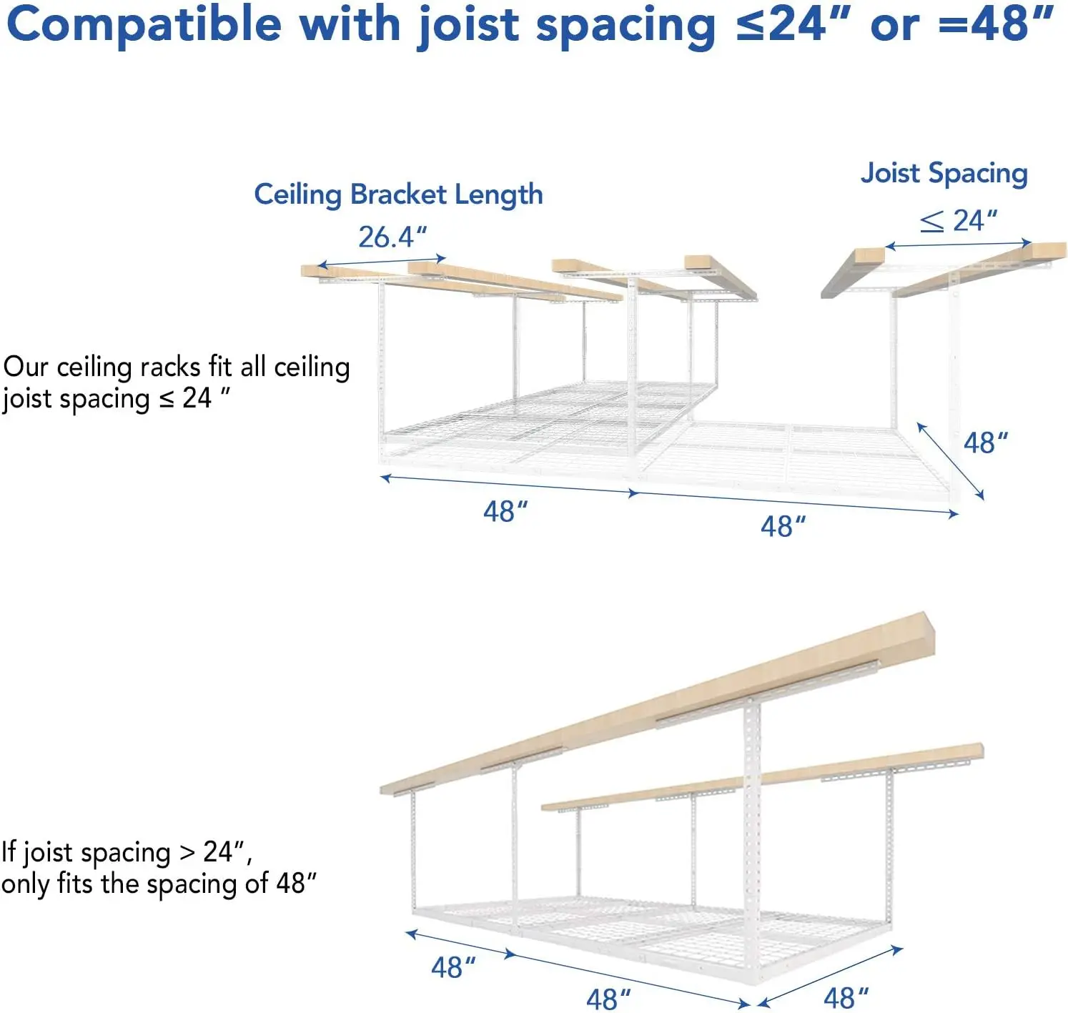 Rack di stoccaggio per Garage sopraelevato 4x8 con ganci scaffali di stoccaggio a soffitto regolabili, lunghezza 96 "x 48" larghezza x 40 "altezza