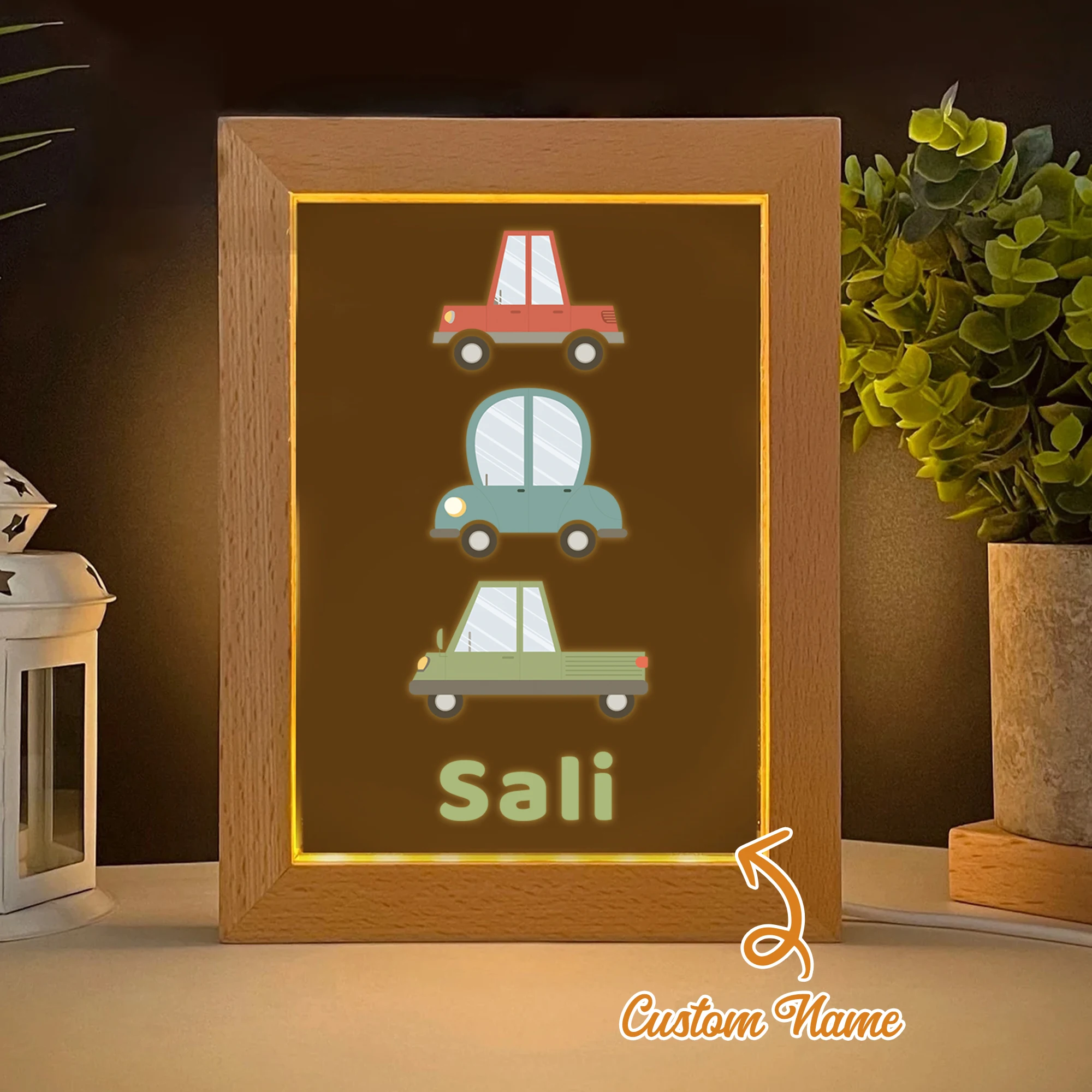

2D Flat Custom Name Car LED Acrylic Night Light Wood Photo Frame 21x17cm Cartoon Children's Bedroom Gifts Home Decor