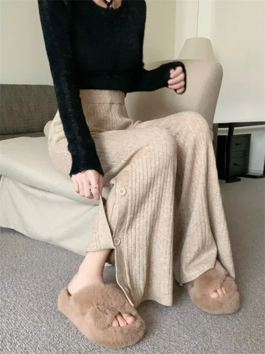 فضفاض بنطال ذو قصة أرجل واسعة المرأة الخريف الشتاء عادية عالية الخصر سستة مستقيم شريط محبوك الطابق طول بنطلون