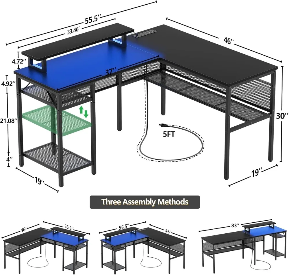 Unikito L Shaped Desk, Reversible Corner Computer Desk with Magic Power Outlets and Smart LED Light, Unique Grid Design