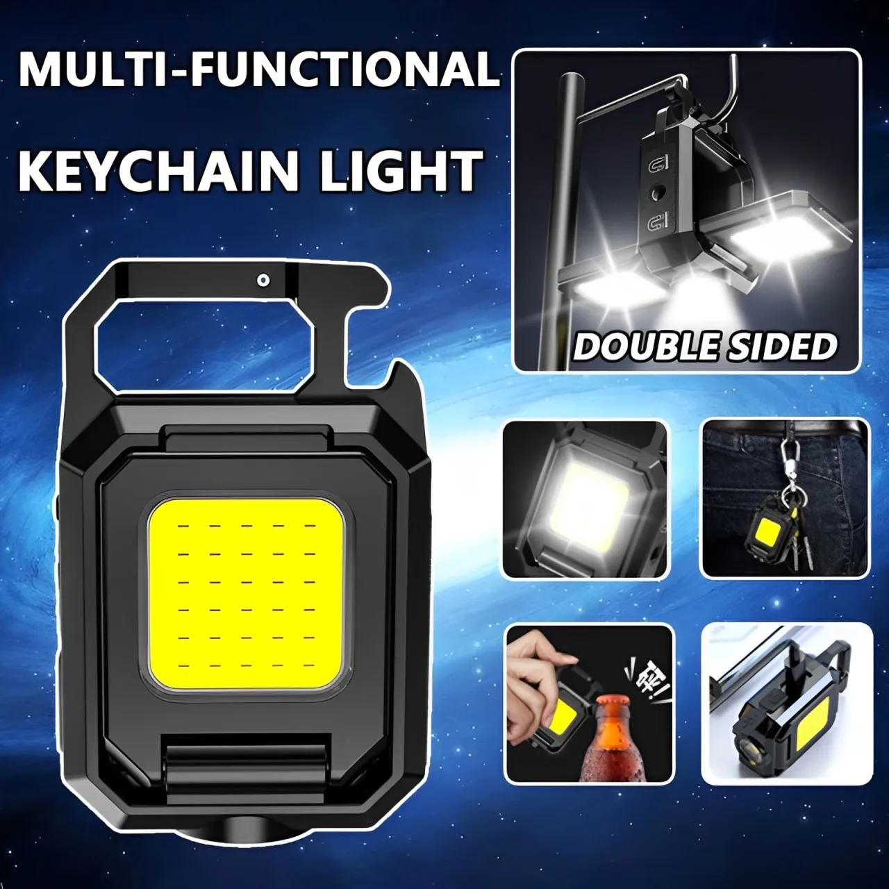 Double-sided Mini LED Flashlight 1000LM USB Rechargeable Work Light Waterproof Keychain Light Lantern for Outdoor Camping Hiking
