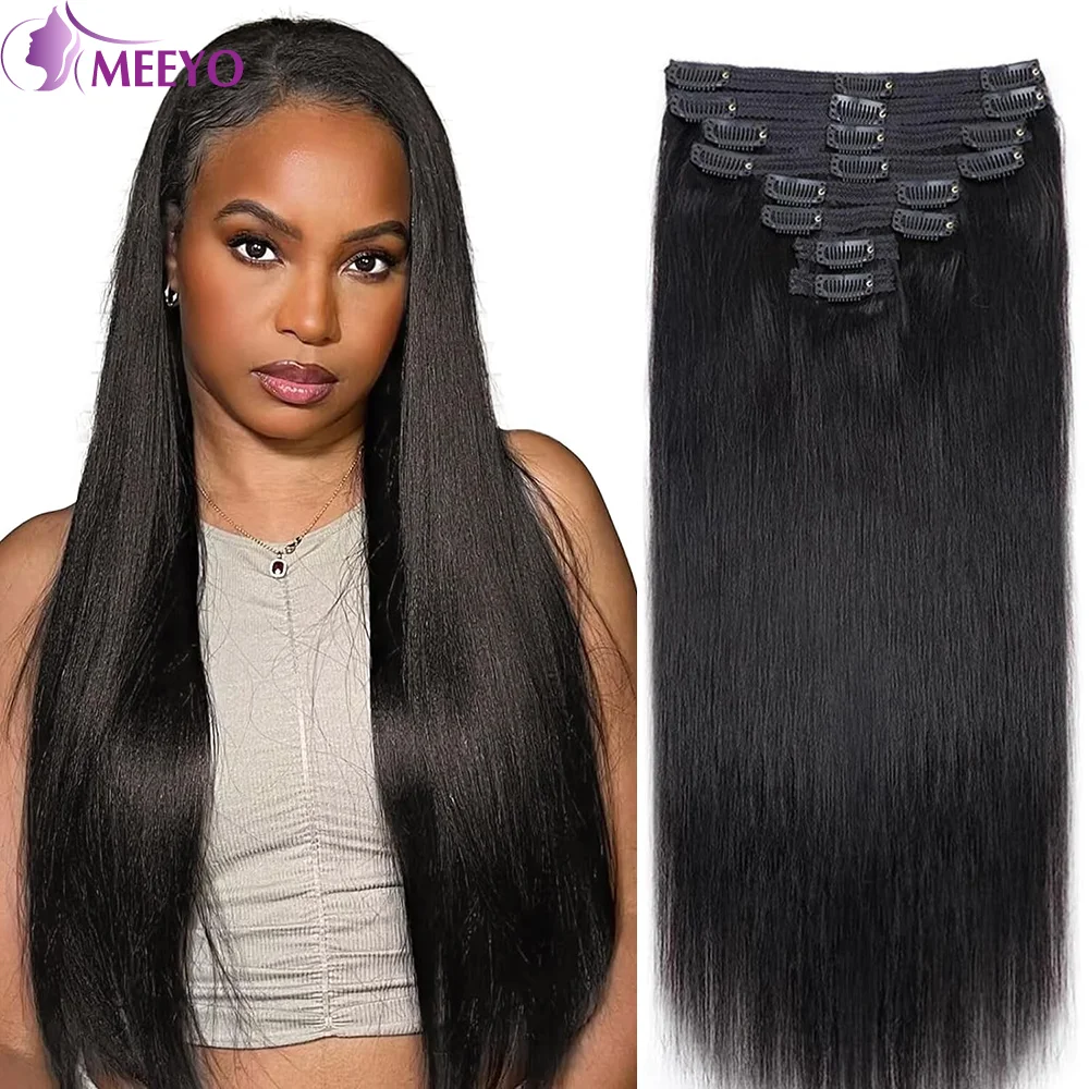 

Clip In Hair Extensions Straight Brazilian 100% Human Hair Full Head Invisible Natural Black Color 16-26 Inches 8Pcs 120G/Pack