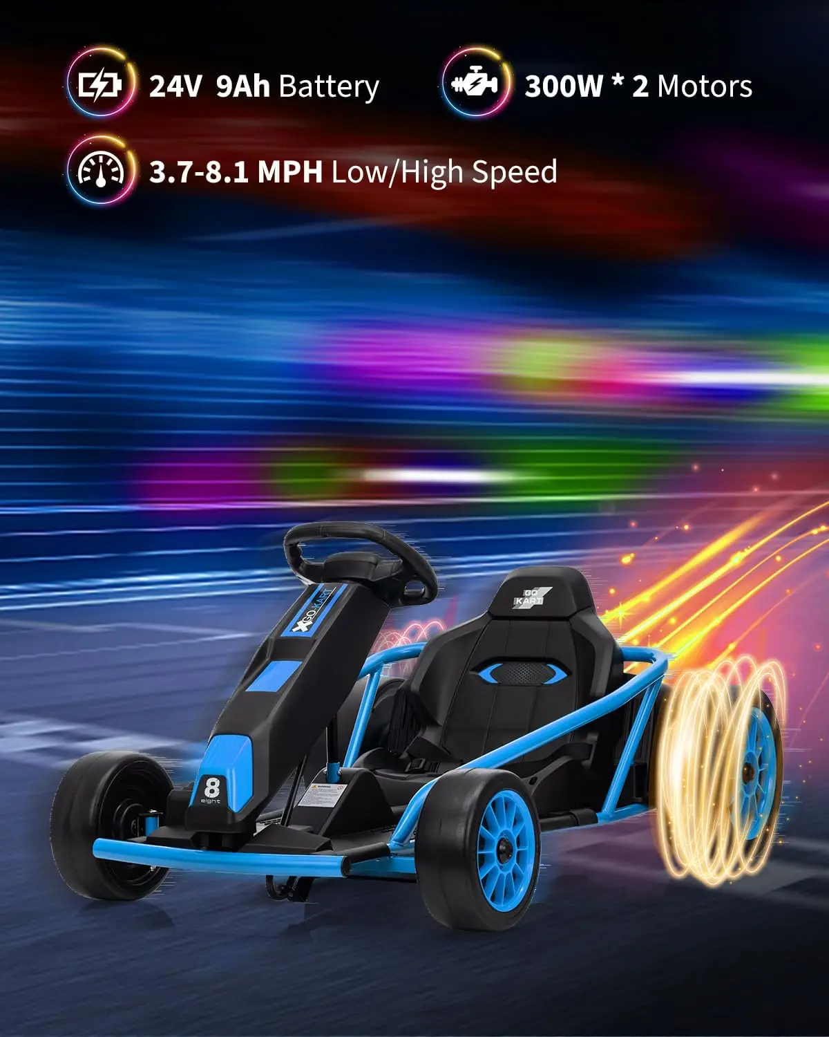 Ride On Go Kart for Kids, 24V 9Ah Battery 2x300W Motors MPH Fast Drifting Circling Car Electric Ride Toy Racing Toy for 8+ Years
