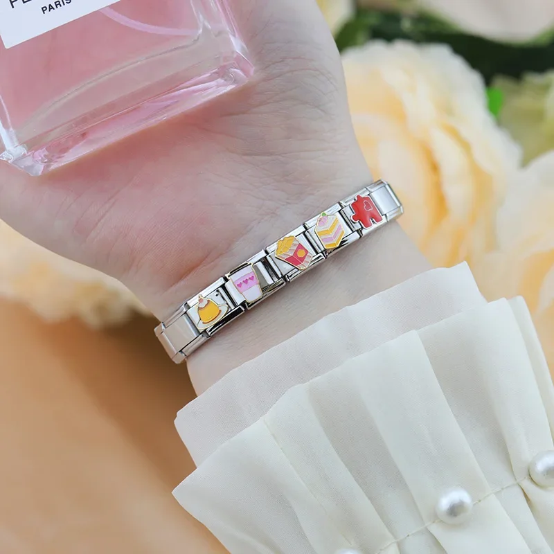 Hapiship 2024 New Women Puzzle Heart Cheese Cake Coffee Charms Links Fit 9mm Bracelet Stainless Steel DIY Jewelry DJ1145-B