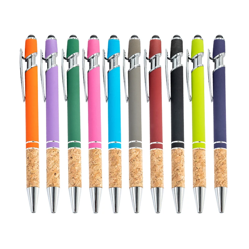 10pcs Aluminum Spray Glue Press Maggi Pen Free Logo Handwritten Capacitive Touch Screen Pen Wood Grain Ballpoint Pen Set