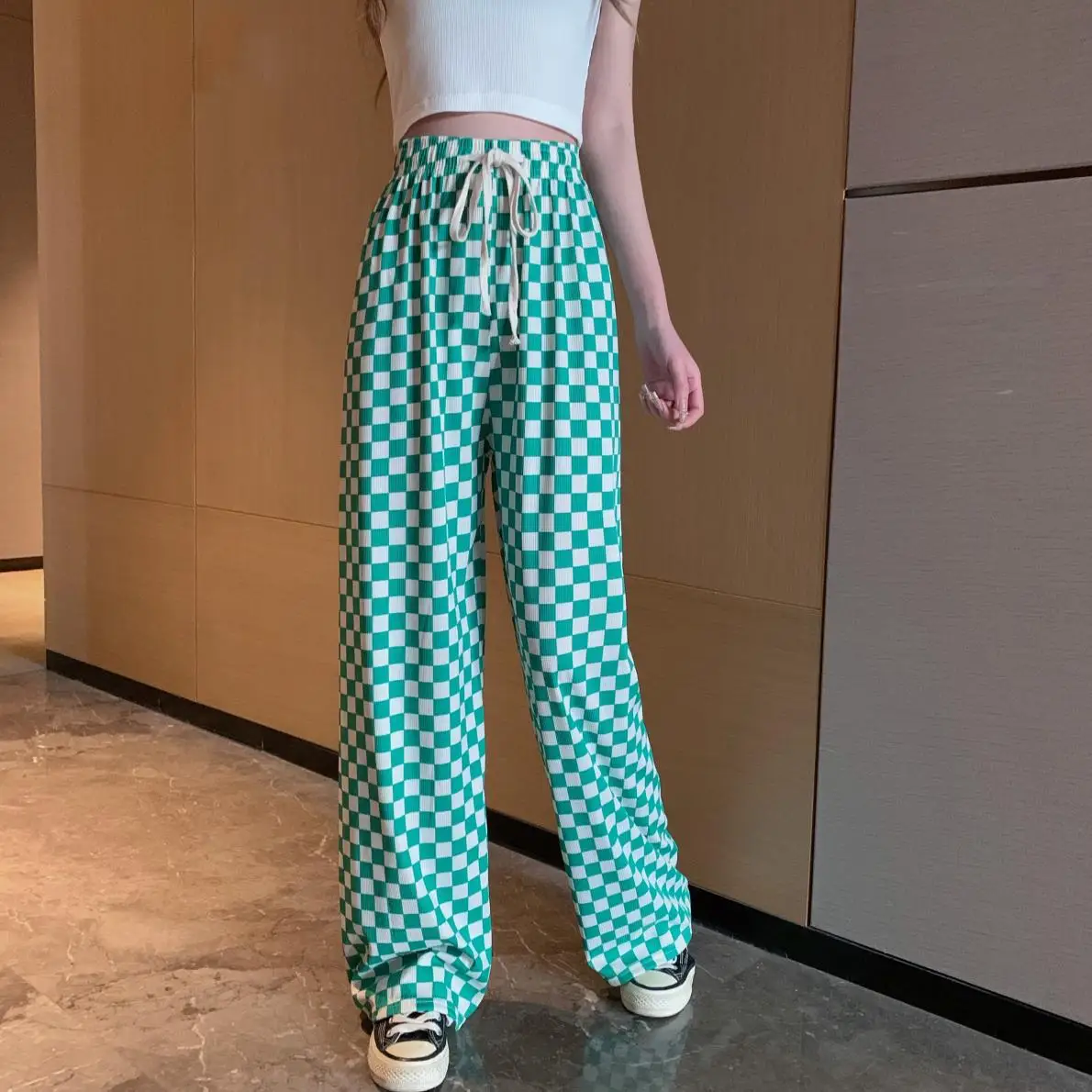 

2023 Autumn Summer Checkerboard High Waist Ice Silk Drape Wide-legged Pants Leopard Slacks Drawstring Waist Woman Loose Trousers