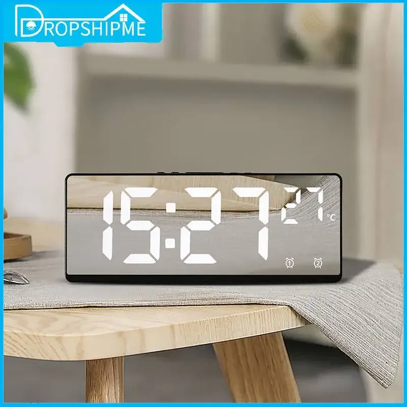 Dropshipme Digital Bedroom Alarm Clock Led Table Clock with Temperature Voice Control Desktop Watch for Bedside Electronic