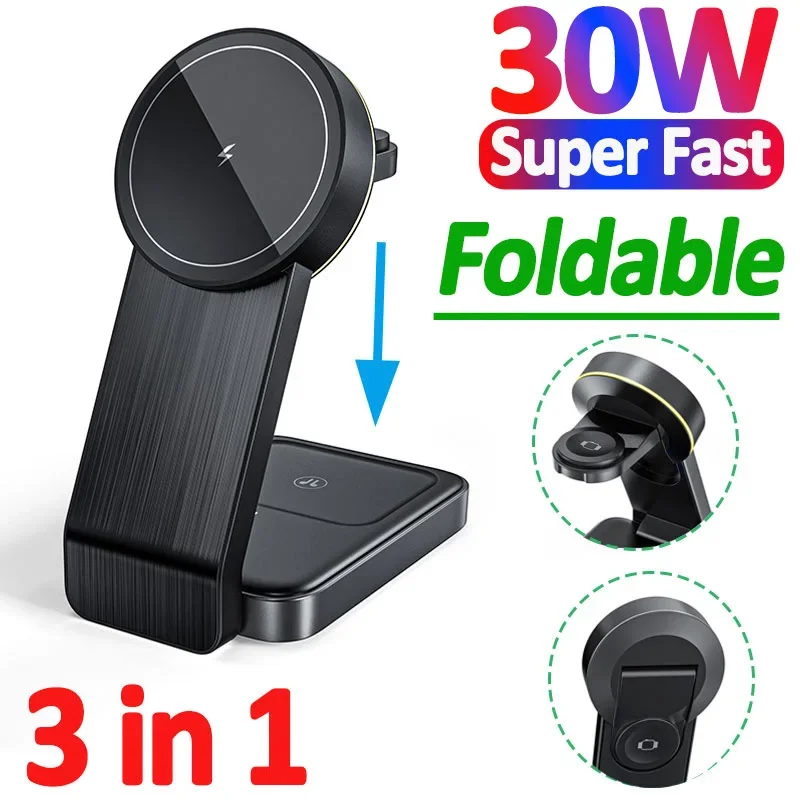 30W 3 in 1 Foldable Magnetic Wireless Charger Stand For iPhone 14 13 12 Pro Max Apple Watch Airpods Fast Charging Dock Station