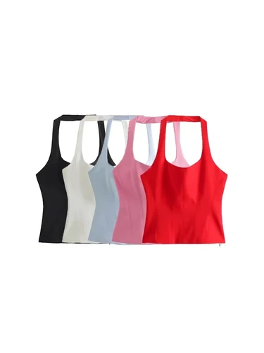 Camisetas sin mangas ajustadas con cuello halter sin espalda para mujer, camisola femenina, cuello redondo, cremallera lateral, moda sexy