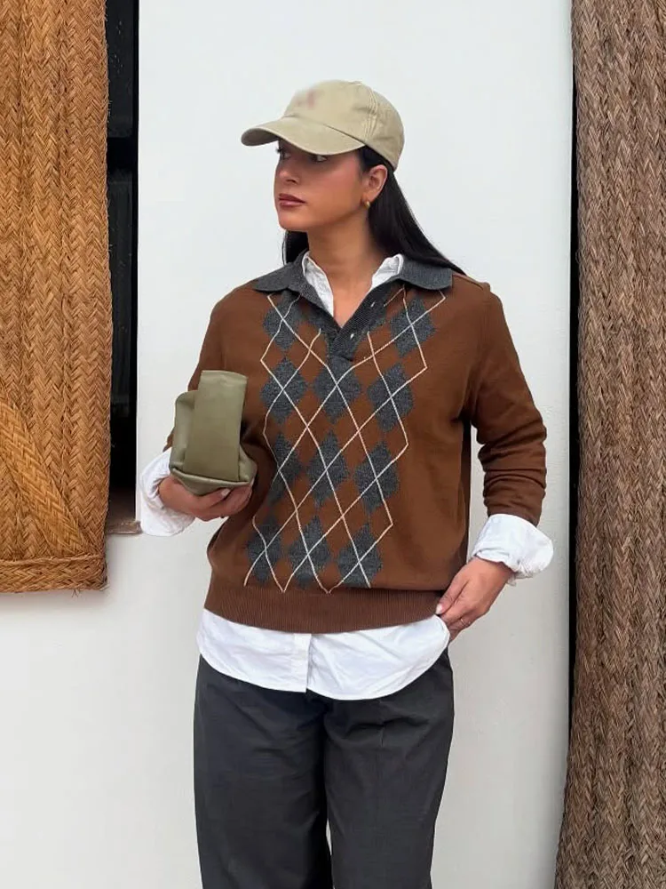 HH 2025 Women Fashion Turn-down Collar Knitted Diamond Pullover Long Sleeves Button Sweater Cozy Loose Autumn Tops Mujer