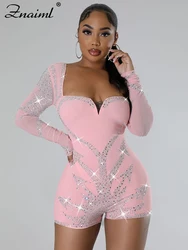 Znaiml Elegant Long Sleeve Playsuit Nightclub Rompers Birthday Outfits Woman Sparkly Diamonds Rhinestone Short Jumpsuits Luxury