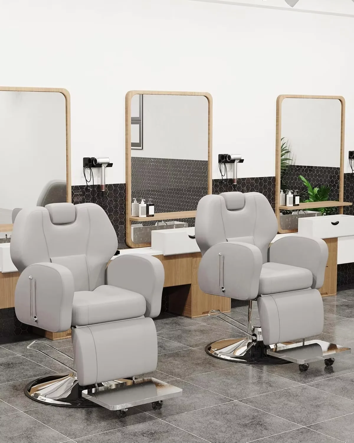 Modern barber chairs, reclining hydraulic lifts and adjustable ottomans are ergonomic and stylish salon furniture