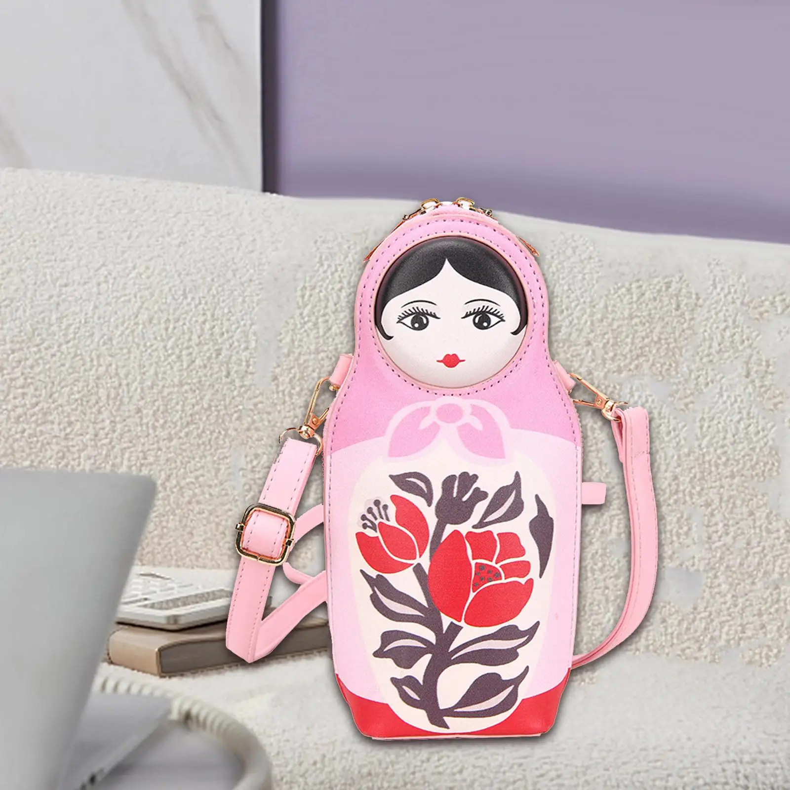 Matryoshka Doll Crossbody Bag Portable PU Leather Careative Casual Shoulder Bag for Fishing Trekking Climbing Camping Workout