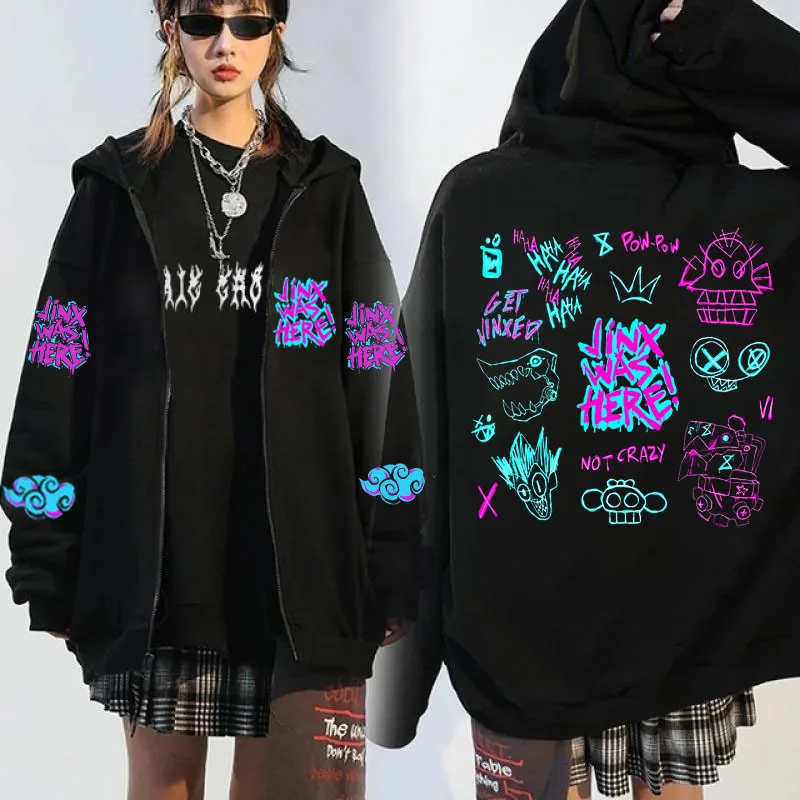 Arcane Jinx Zip-up Hoodie Men Monkey Graffiti Zipper Jacket Male Harajuku Anime Arcane Boom Oversized Hip Hop Sweatshirt Coat