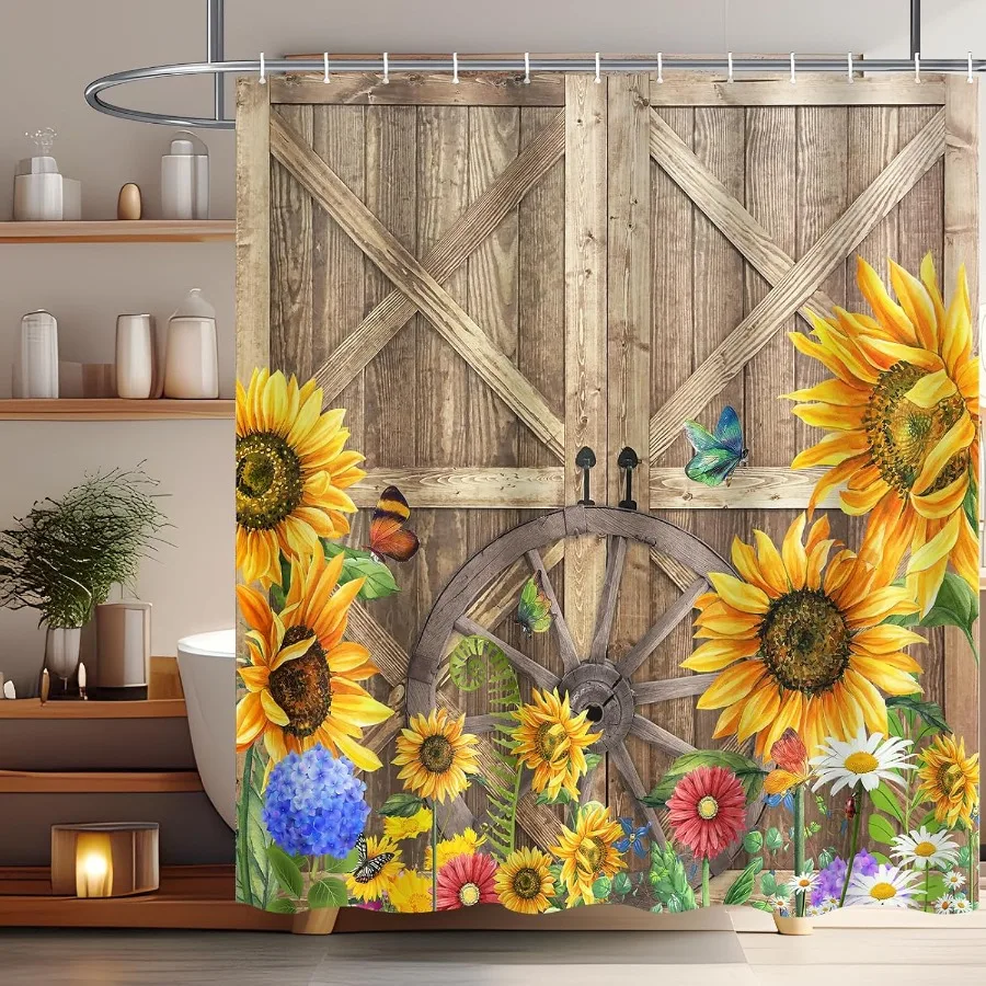 

Rtic Barn Door Занавеска для душа Подсолнух Цветочный винтажный комплект занавесок для душа из ткани в западном стиле Водонепроницаемая деревянная доска Farmhoe Коричневый